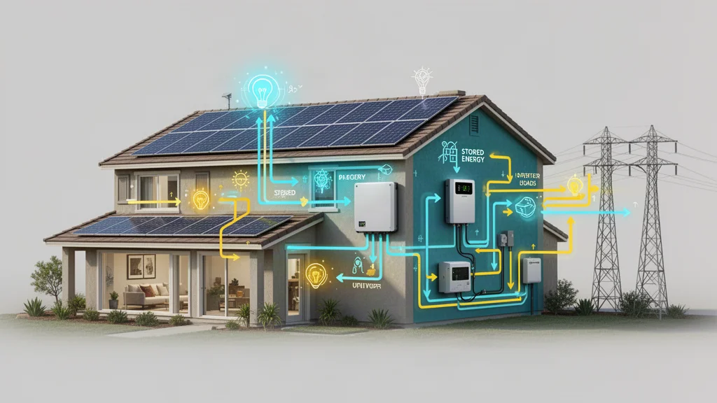 Conceptual flow of solar electricity among roof panels, a home battery, household loads and the electric grid